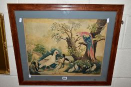 A 19TH CENTURY WATERCOLOUR DEPICTING EXOTIC BIRDS AND DUCKS BESIDE TREES AND WATER, no visible
