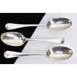 THREE BRITANIA SILVER TABLESPOONS, Hanoverian design with a rat tail to the reverse of the bowls,