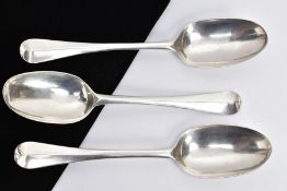 THREE BRITANIA SILVER TABLESPOONS, Hanoverian design with a rat tail to the reverse of the bowls,