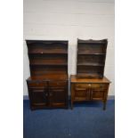 AN OAK TWO DOOR CABINET with a single long drawer, an oak open bookcase and an oak dresser (3)