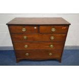 A GEORGIAN MAHOGANY CHEST OF TWO SHORT OVER THREE LONG GRADUATED DRAWERS, brass drop handles, on