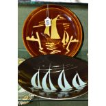 TWO PIECES POOLE AGEAN POTTERY, both with yacht designs, comprising a plate with JB to base,