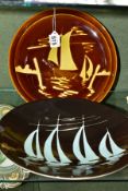 TWO PIECES POOLE AGEAN POTTERY, both with yacht designs, comprising a plate with JB to base,