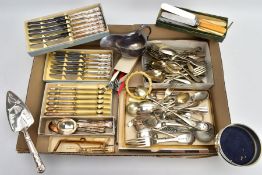 A BOX OF ASSORTED SILVER PLATE AND WHITE METAL WARE, to include three boxed sets of six kings