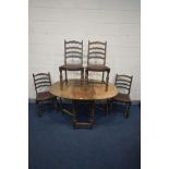 AN OAK BARLEY TWIST GATE LEG TABLE, and four chairs (5)