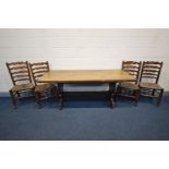AN 18TH CENTURY STYLE OAK TRESTLE REFECTORY TABLE, united by stretchers, length 184cm x depth 81cm x