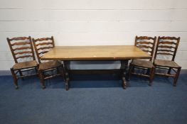 AN 18TH CENTURY STYLE OAK TRESTLE REFECTORY TABLE, united by stretchers, length 184cm x depth 81cm x