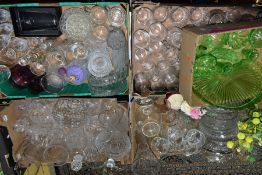 FIVE BOXES OF GLASSWARES to include a purple Caithness atomiser, a green uranium glass dressing