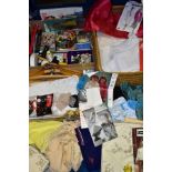 SEWING INTEREST, THREE BOXES OF HABERDASHERY ITEMS, VINTAGE CLOTHING AND LINENS etc to include