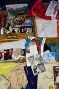 SEWING INTEREST, THREE BOXES OF HABERDASHERY ITEMS, VINTAGE CLOTHING AND LINENS etc to include