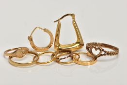 A BAG OF ASSORTED 9CT GOLD AND YELLOW METAL JEWELLERY, to include two pairs of sleeper earrings, two