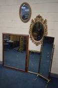 A QUANTITY OF MIRRORS comprising a brass rectangular cheval mirror, lion finials to the Corinthian