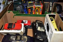 TWO BOXES OF BOXED AND LOOSE SCALE MODEL VEHICLES BY BURAGO, MAISTO AND OTHERS, including Maisto