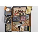 A BOX OF ASSORTED ITEMS, to include a gold-plated full hunter pocket watch, round white dial, Arabic