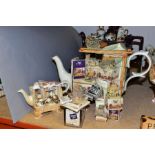 FOUR CARDEW DESIGNS COLLECTORS TEAPOTS AND A NOVELTY SUGAR BOWL, comprising a Lilliput Lane Market