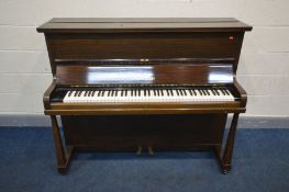 A CHALLEN MAHOGANY UPRIGHT OVERSTRUNG PIANO, serial: C&S165341, width 147cm x depth 62cm x 116cm (