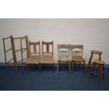 A PAIR OF OAK ARTS AND CRAFTS SPLAT BACK CHAIRS, a near pair elm bar back chairs, two bar stools and