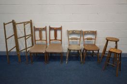 A PAIR OF OAK ARTS AND CRAFTS SPLAT BACK CHAIRS, a near pair elm bar back chairs, two bar stools and