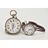 A SILVER WRISTWATCH AND AN OPEN FACE POCKET WATCH, round white dial, Arabic numerals, seconds