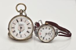 A SILVER WRISTWATCH AND AN OPEN FACE POCKET WATCH, round white dial, Arabic numerals, seconds