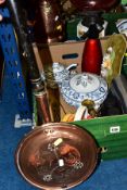 A BOX AND LOOSE SUNDRY ITEMS ETC to include a copper kettle and bed warming pan, brass trivet,