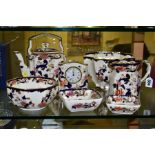 MASONS MANDALAY PATTERN CERAMICS comprising a teapot, water jug, quartz clock, octagonal bowl,