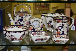 MASONS MANDALAY PATTERN CERAMICS comprising a teapot, water jug, quartz clock, octagonal bowl,