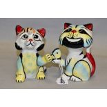 TWO LORNA BAILEY CAT FIGURES, one with a bee on its head, height 12cm, the other holding a butterfly