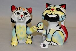 TWO LORNA BAILEY CAT FIGURES, one with a bee on its head, height 12cm, the other holding a butterfly