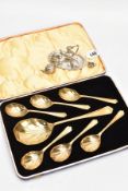 A MINIATURE SILVER TEA SET, PILL BOX AND CASED DESSERT SPOON SET, the miniature silver four piece