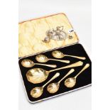 A MINIATURE SILVER TEA SET, PILL BOX AND CASED DESSERT SPOON SET, the miniature silver four piece