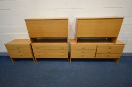 A LIGHT OAK BEDROOM SUITE comprising a low chest of six drawers, width 143cm x depth 43cm x height