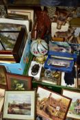 FOUR BOXES OF SUNDRY ITEMS AND LOOSE PRINTS, ETC, to include boxed models of R.M.S Titanic and Queen