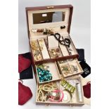 A JEWELLERY BOX WITH CONTENTS, burgundy jewellery box, opens to reveal three draws and a top storage