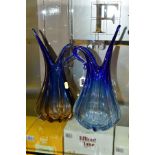 TWO VINTAGE MURANO GLASS VASES, both of the same hot worked shape, the body being ribbed with a