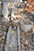 TWO COMPOSITE GARDEN PLANTERS, A FIGURE OF A 1920 CHILD AND AN ORNAMENTAL BRIDGE 57cm wide (4)