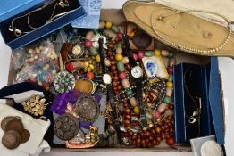 A BOX OF MOSTLY COSTUME JEWELLERY, to include a gold-plated brooch set with an oval cut citrine, a