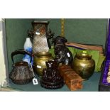 A GROUP OF ORIENTAL METALWARES, TEXTILES AND CERAMICS, etc, including a cast iron tea pot with