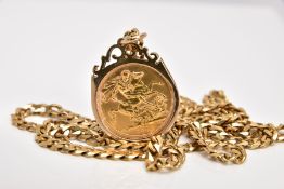 A MOUNTED FULL SOVEREIGN PENDANT AND CHAIN, the full sovereign dated 1974, within a 9ct gold