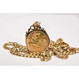 A MOUNTED FULL SOVEREIGN PENDANT AND CHAIN, the full sovereign dated 1974, within a 9ct gold
