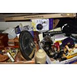THREE BOXES AND LOOSE HOUSEHOLD GOODS, CASES, METALWARES, TREEN, etc, including an Italian wooden