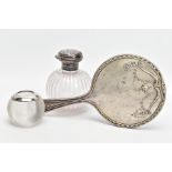 A SILVER VANITY MIRROR, SILVER LIDDED GLASS JAR AND A SILVER MOUNTED GLASS MATCHSTICK TIDY, the