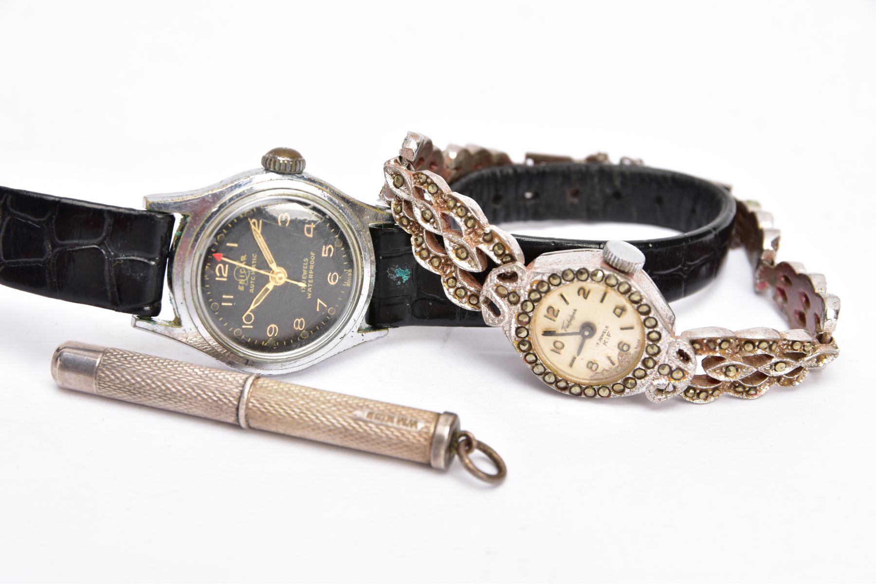 A LADIES 'ENICAR AUTOMATIC' WATCH, A LADIES STAINLESS STEEL MARCASTIE WATCH AND A SILVER CIGAR