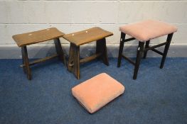 A PAIR OF OAK STOOLS, on tapered legs united by a stretcher (missing one peg) along with a