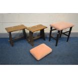 A PAIR OF OAK STOOLS, on tapered legs united by a stretcher (missing one peg) along with a