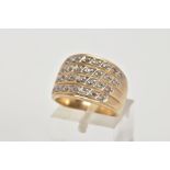 A 9CT GOLD DIAMOND DRESS RING, a wide band designed with four rows of single cut diamonds, stamped