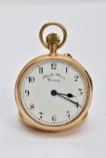 AN EDWARDIAN 18CT GOLD OPEN FACE POCKET WATCH, the white face with Arabic numerals, Nelly L Warner