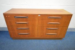 A G-PLAN FRESCO TEAK DOUBLE CHEST, with a double bank of four graduated drawers, width 142cm x depth