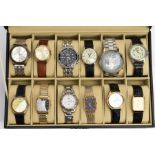 A WATCH DISPLAY CASE AND TWELVE GENTS WRISTWATCHES, black faux leather case, Perspex lid, together