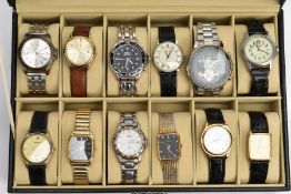 A WATCH DISPLAY CASE AND TWELVE GENTS WRISTWATCHES, black faux leather case, Perspex lid, together